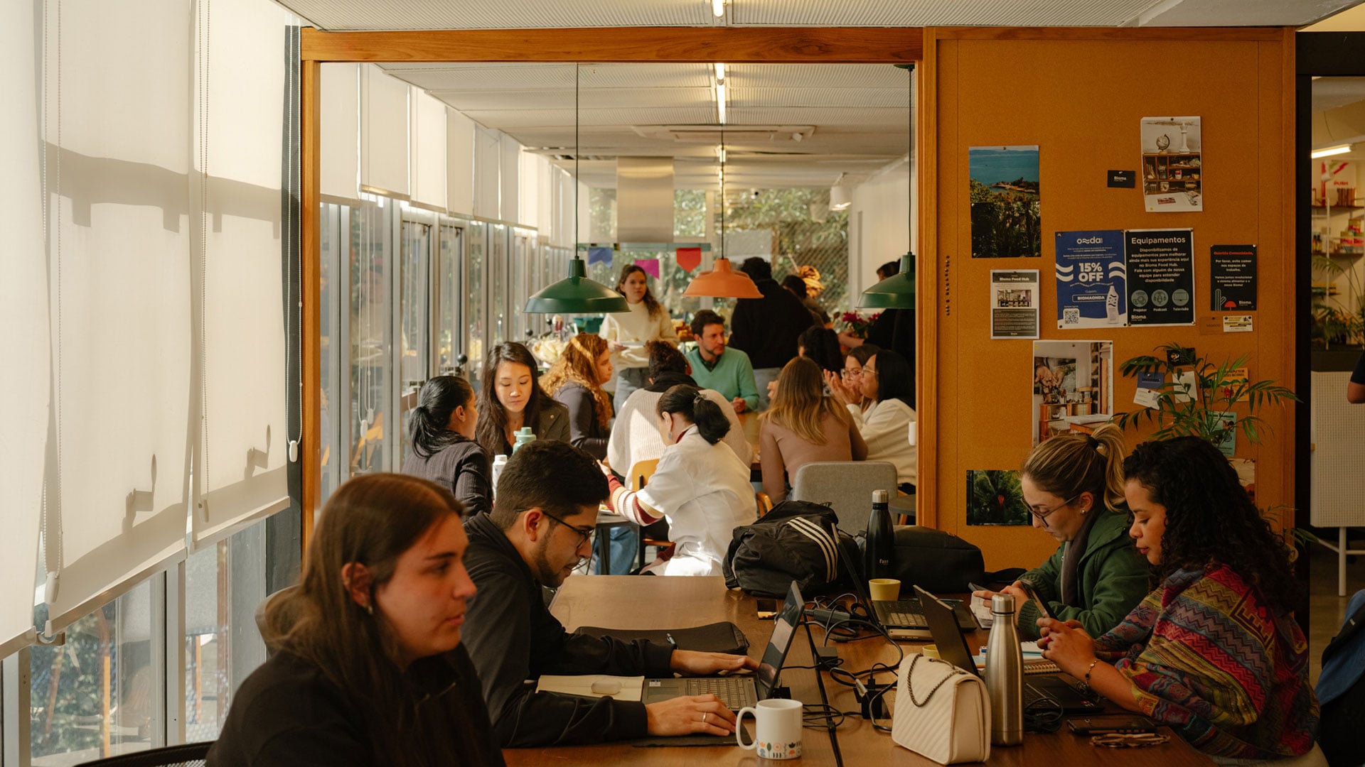 The Bioma Food Hub dining area during a community gathering